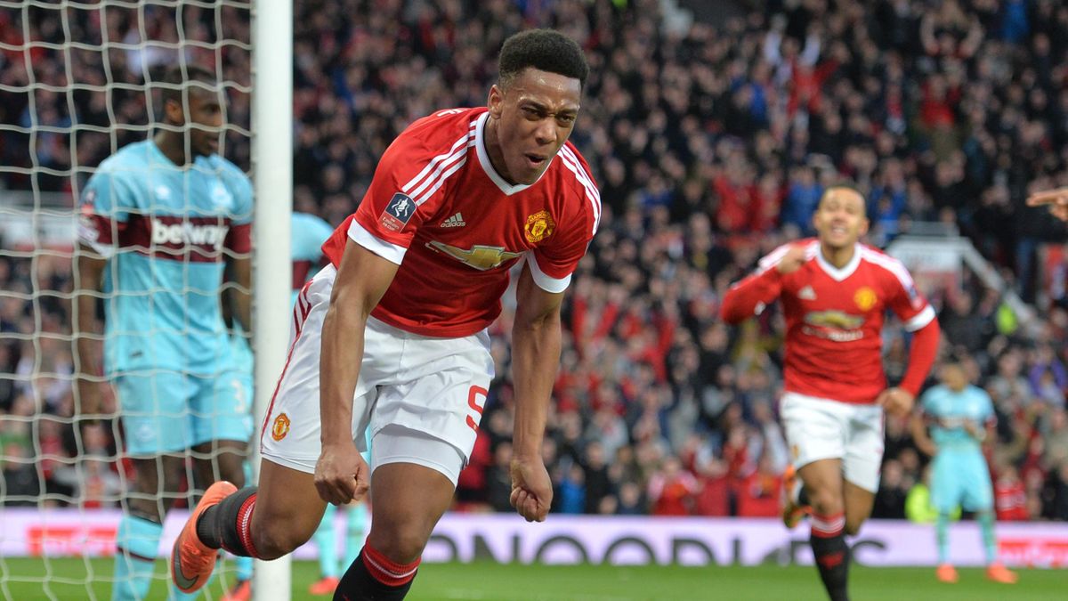 Manchester United's French striker Anthony Martial celebrates after scoring