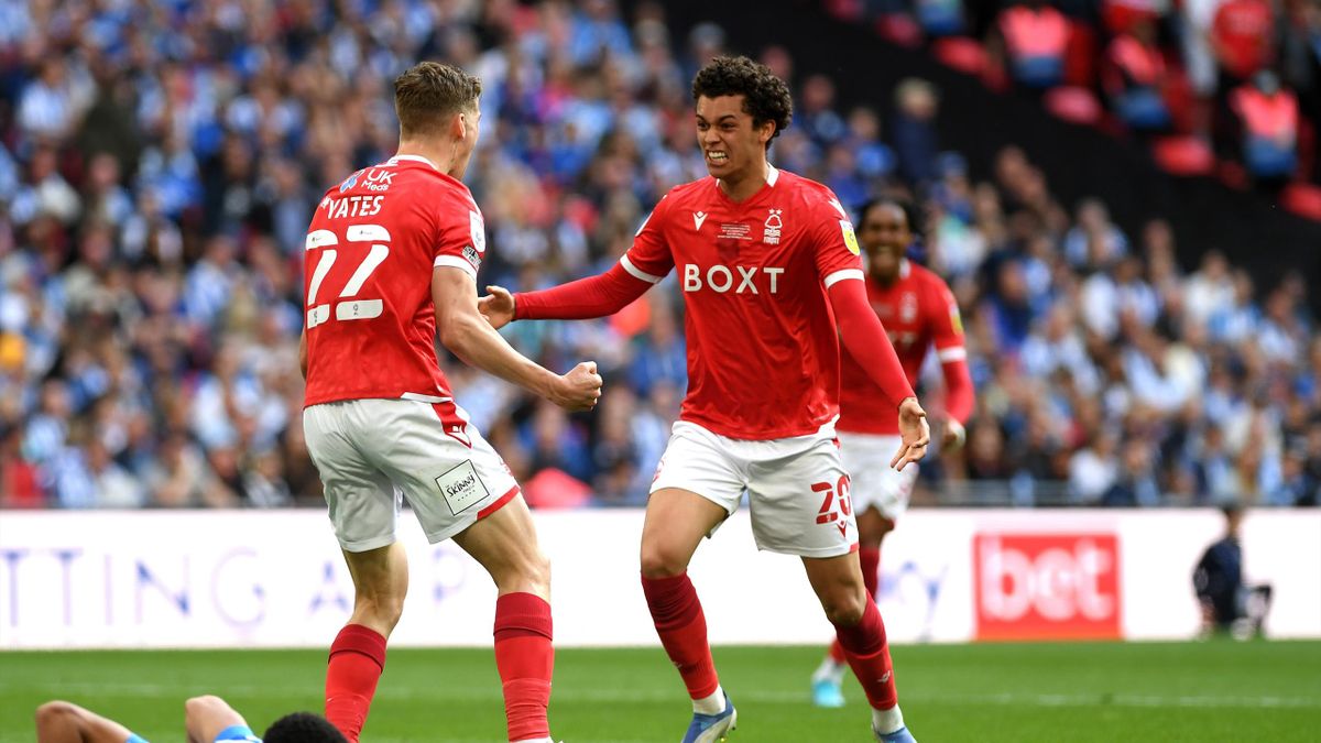 LONDON, ENGLAND - MAY 29: Ryan Yates and Brennan Johnson of Nottingham Forest celebrate their sides first goal, an own goal scored by Levi Colwill of Huddersfield Town during the Sky Bet Championship Play-Off Final match between Huddersfield Town and Nott