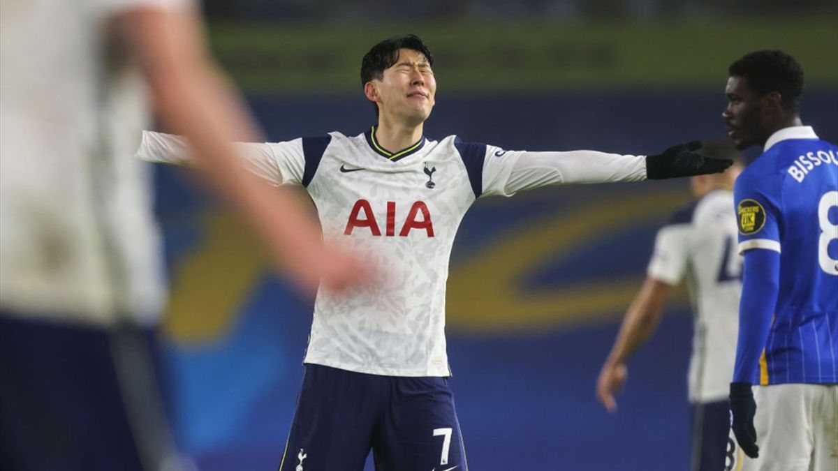 Son Heung-min of Tottenham Hotspur reacts during the Premier League match between Brighton & Hove Albion and Tottenham Hotspur at American Express Community Stadium on January 31, 2021 in Brighton, United Kingdom. Sporting stadiums around the UK remain un