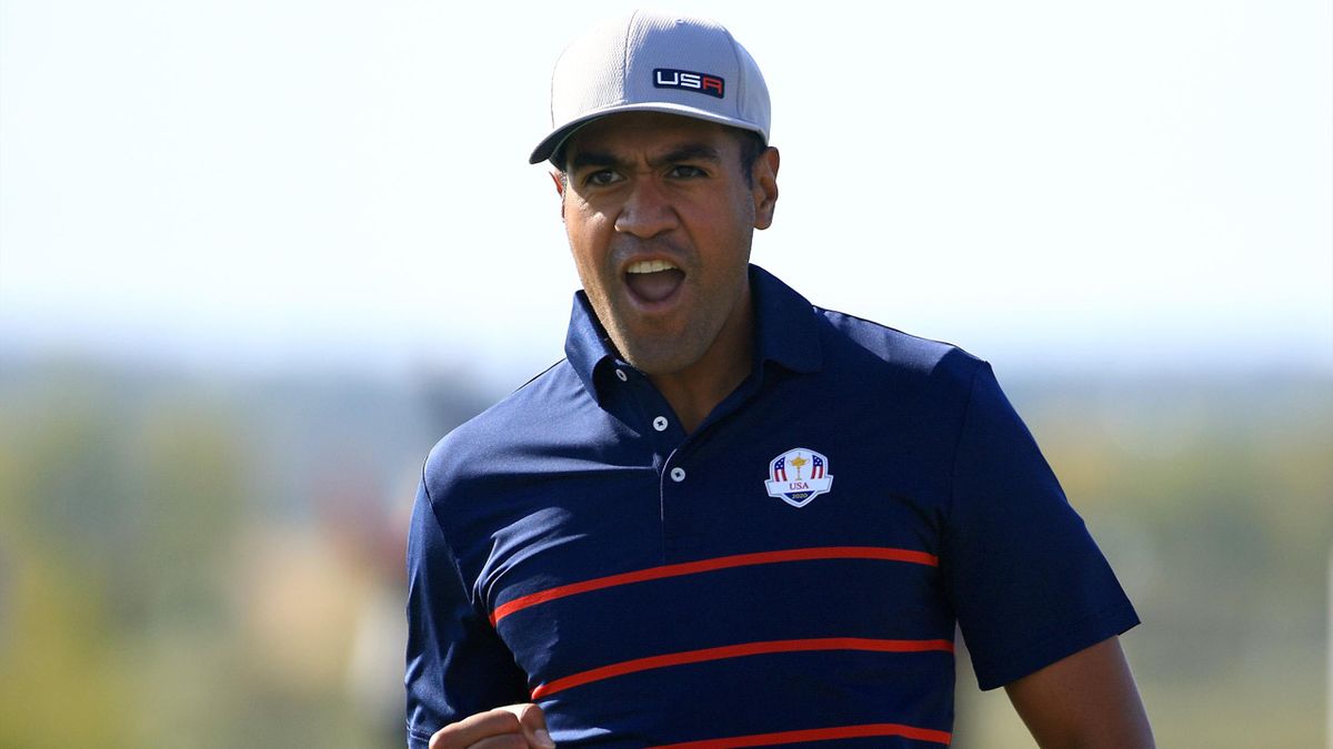 Tony Finau of team United States celebrates on the 10th green during Friday's afternoon four-ball matches of the 43rd Ryder Cup at Whistling Straits.
