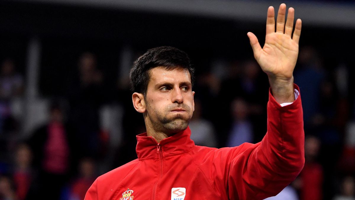 Serbia's tennis player Novak Djokovic reacts after winning against Russia's tennis player Daniil Medvedev during the Davis Cup World Group first round singles tennis match between Serbia and Russia at Cair sports hall in Nis, on February 3, 2017. At Nis,