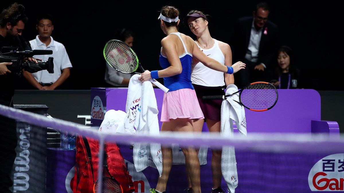 Belinda Bencic (L) of Switzerland is consoled by Elina Svitolina of Ukraine after her retirement from their Women's Singles semifinal match on Day Seven of the 2019 Shiseido WTA Finals at Shenzhen Bay Sports Center on November 02, 2019 in Shenzhen, China.