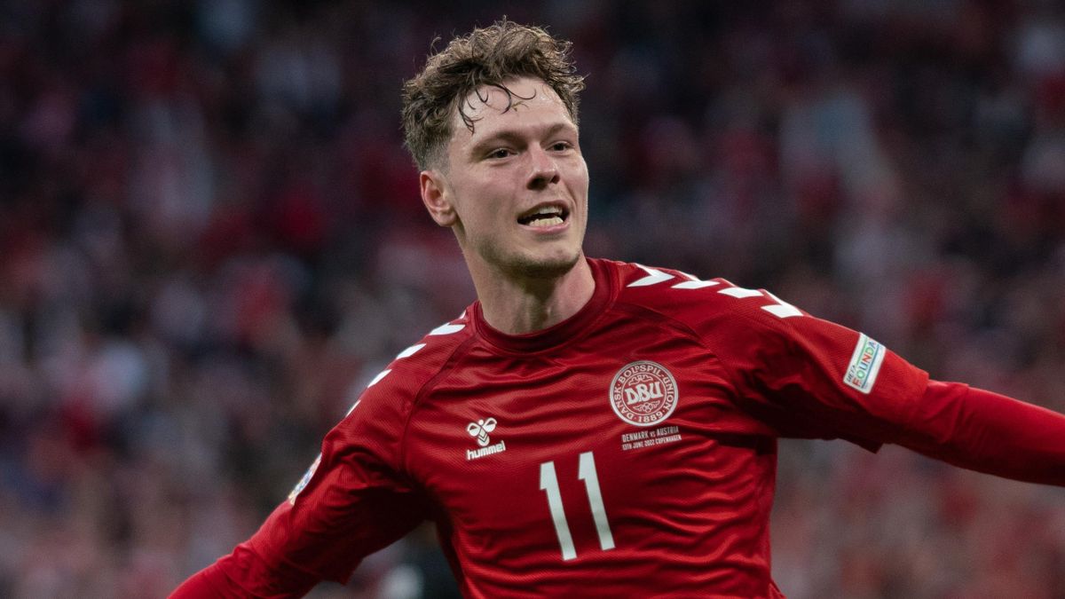Andreas Olsen celebrates scoring for Denmark