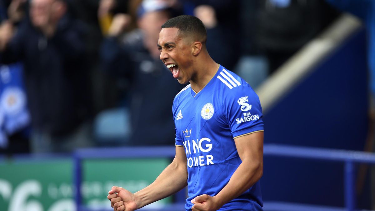 Youri Tielemans of Leicester City celebrates after scoring to make it 1-0 during the Premier League match between Leicester City and Arsenal at The King Power Stadium on April 28, 2019 in Leicester, United Kingdom