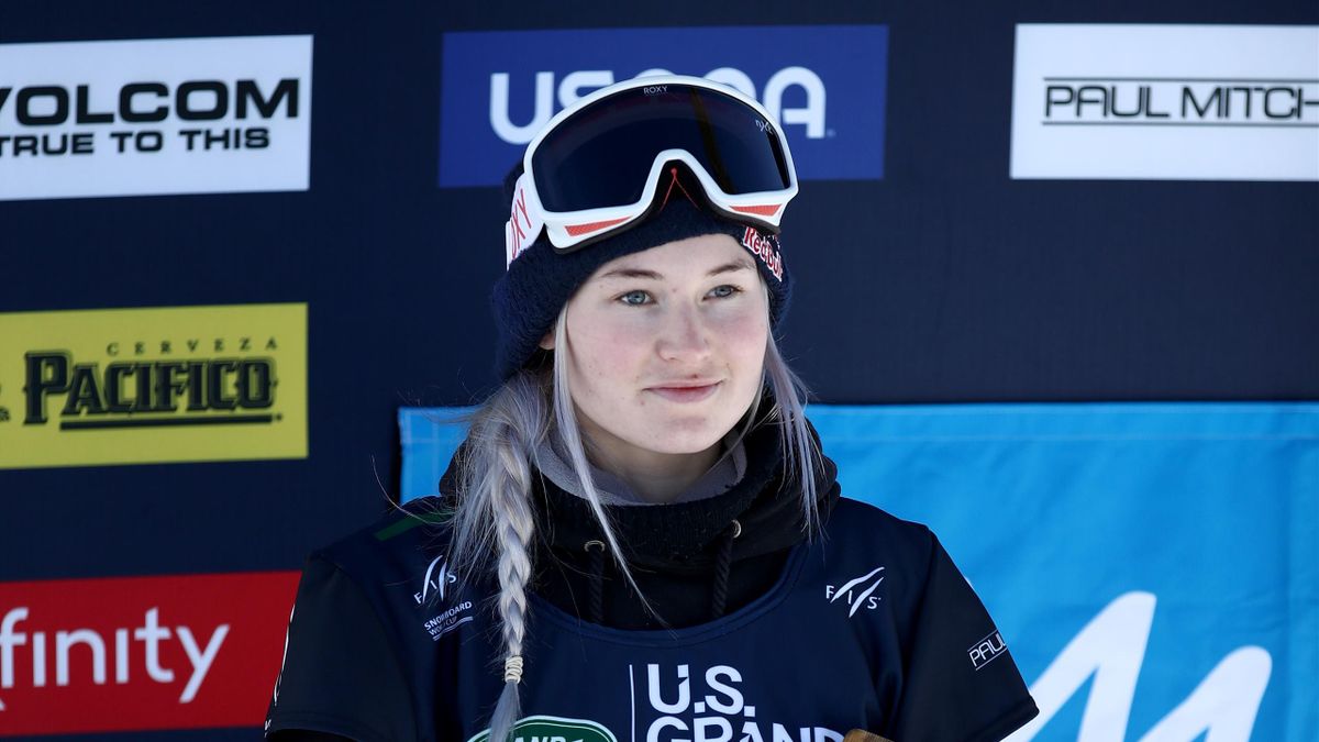 : Katie Ormerod of Great Britain stands on the podium after coming in third place in the Women's Snowboard Slopestyle Finals at the 2020 U.S. Grand Prix at Mammoth Mountain on February 01, 2020 in Mammoth, California. Ormerod came in third place.