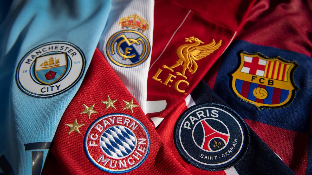 The badges of Manchester City, Bayern Munich, Real Madrid, Liverpool, Paris St-Germain and FC Barcelona