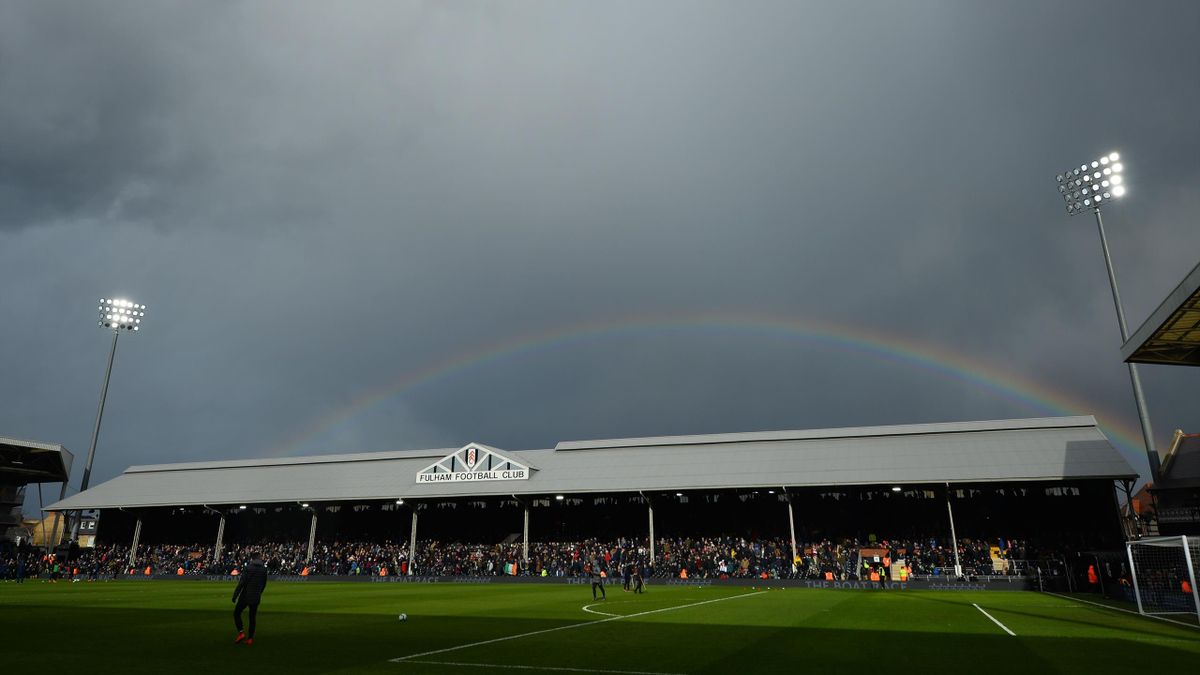 A rainbow appears during the English Premier League football match between Fulham and Liverpool at Craven Cottage in London on March 17, 2019.