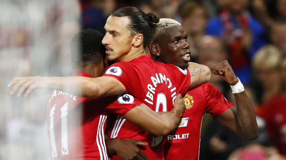 Manchester United's Zlatan Ibrahimovic celebrates with Paul Pogba after scoring their second goal