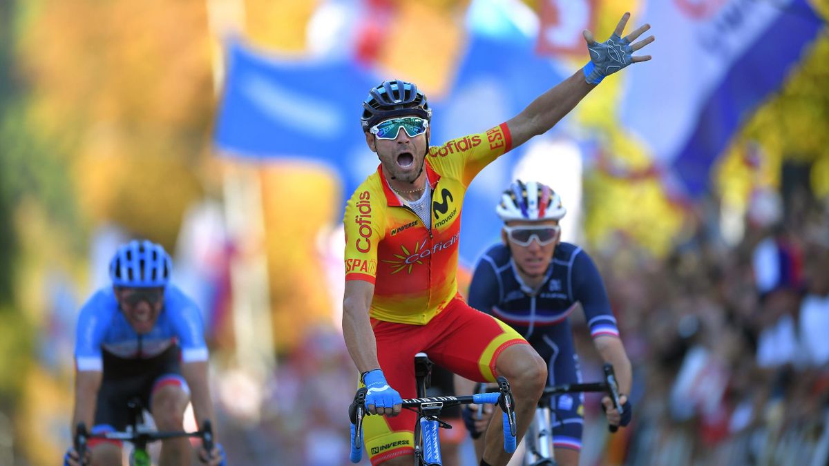 Arrival / Alejandro Valverde of Spain Celebration / Romain Bardet of France / Michael Woods of Canada during the Men Elite Road Race a 258,5km race from Kufstein to Innsbruck 582m at the 91st UCI Road World Championships 2018 / RR / RWC / on September 30,