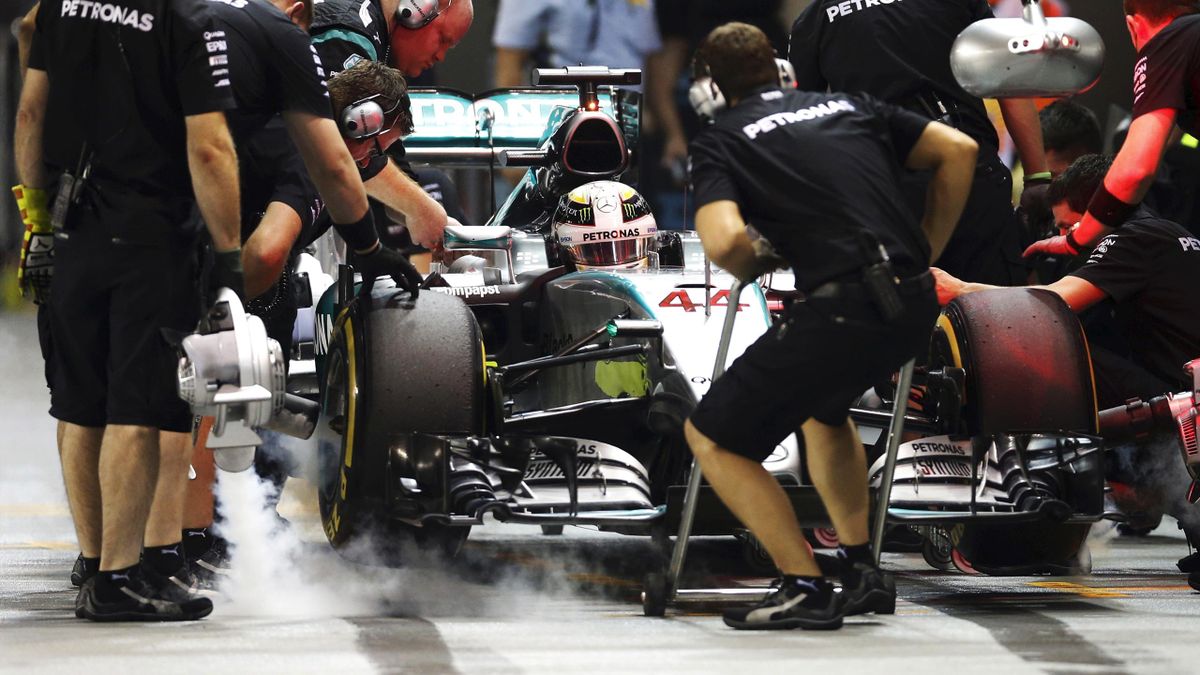 Mercedes Formula One driver Lewis Hamilton of Britain in the pit lane at the Singapore Grand Prix