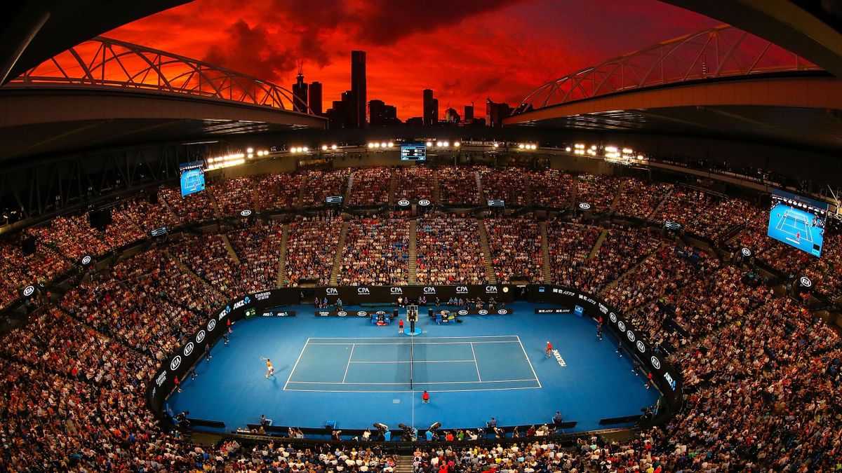 A general view of Rod Laver Arena at sunset in the third round match between Alex De Minaur of Australia and Rafael Nadal of Spain during day five of the 2019 Australian Open at Melbourne Park on January 18, 2019 in Melbourne, Australia.