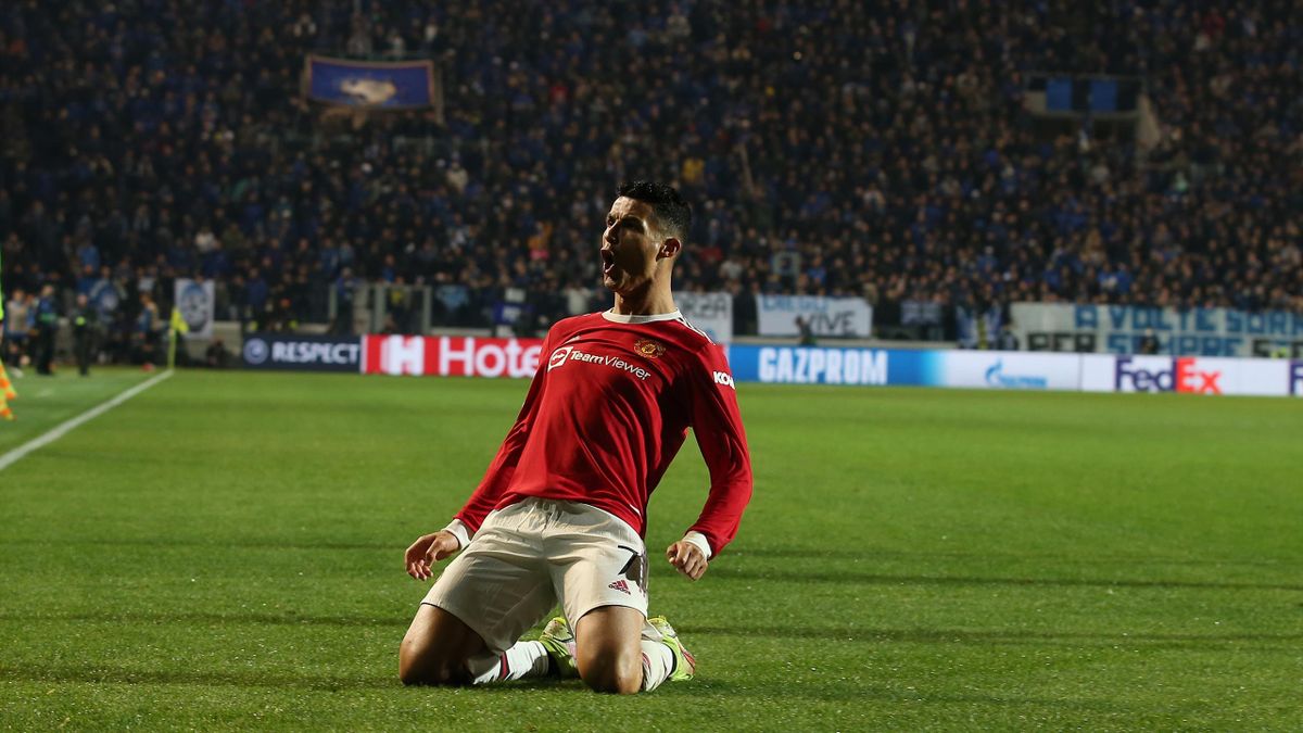 Cristiano Ronaldo celebrates scoring for Manchester United against Atalanta in the Champions League.