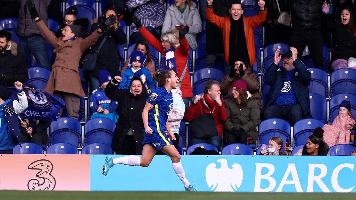 Guro Reiten of Chelsea celebrates after scoring her side's first goal during the Barclays FA Women's Super League match between Chelsea Women and Manchester City Women at Kingsmeadow on February 06, 2022 in Kingston upon Thames, England