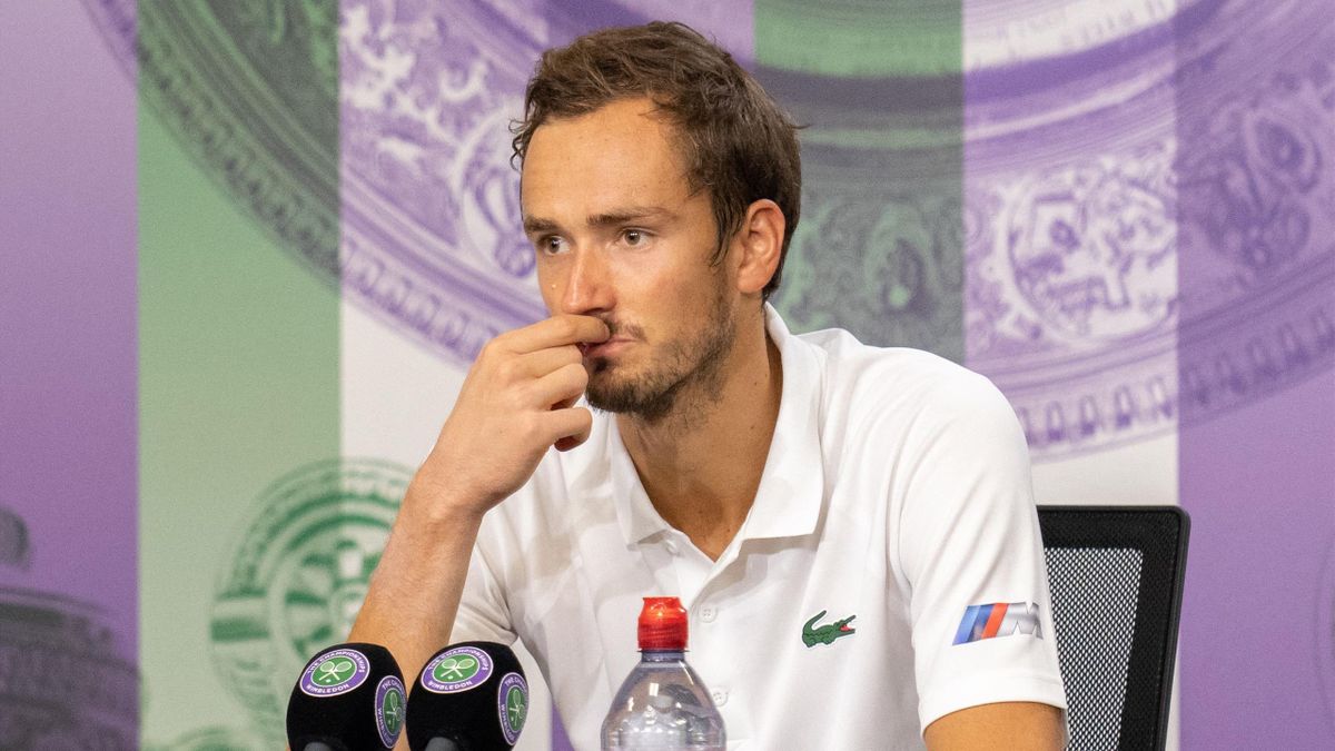 Russia's Daniil Medvedev attends a press conference after losing to Poland's Hubert Hurkacz in their men's singles fourth round match on the eighth day of the 2021 Wimbledon Championships at The All England Tennis Club in Wimbledon,