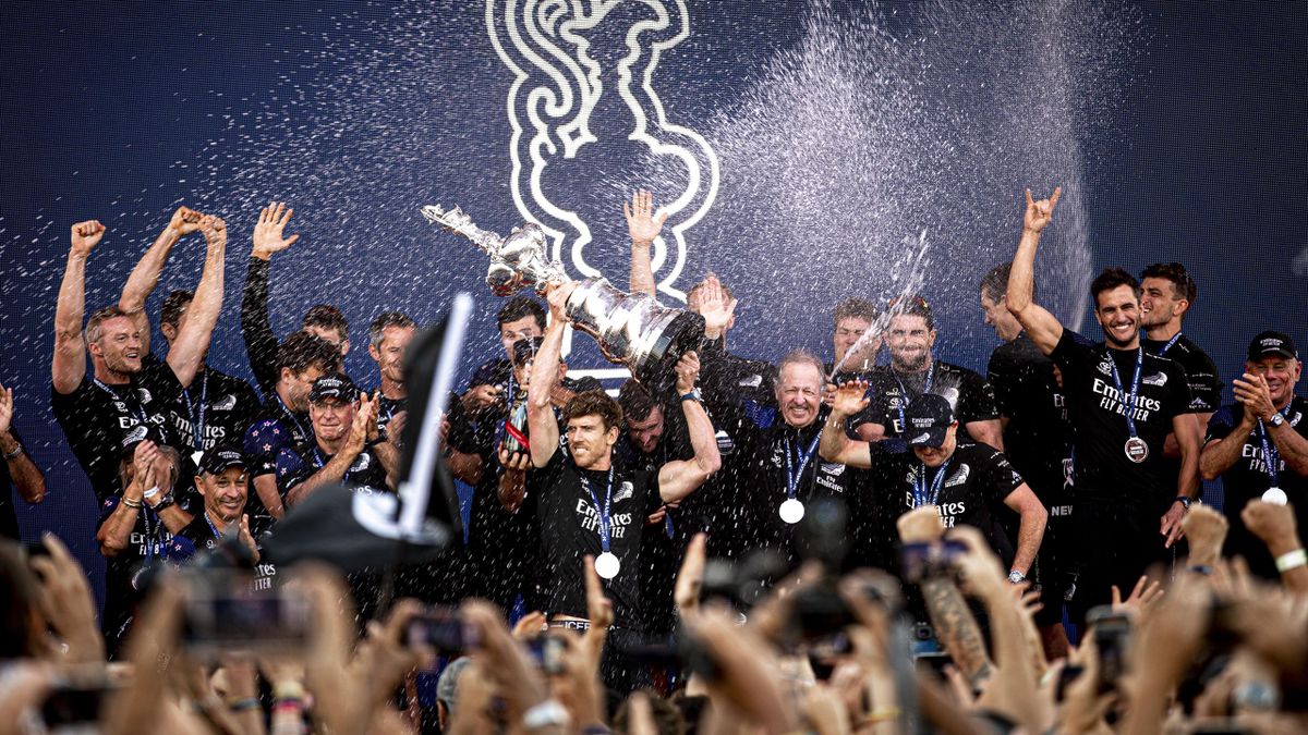 Team New Zealand celebrate retaining the America's Cup