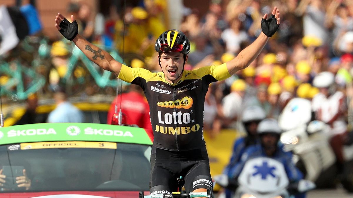 Primoz Roglic of Slovenia riding for Team Lotto NL-Jumbo celebrates as he wins during stage 17 of the 2017 Le Tour de France, a 183km stage from La Mure to Serre-Chevalier on July 19, 2017 in La Mure, France
