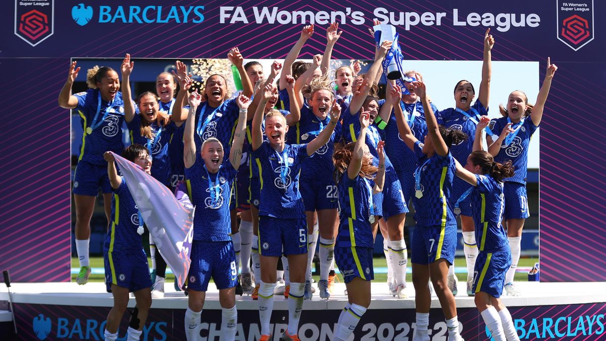 Magdalena Eriksson of Chelsea lifts the Barclays Women's Super League trophy following their side's victory during the Barclays FA Women's Super League match between Chelsea Women and Manchester United Women at Kingsmeadow on May 08, 2022.
