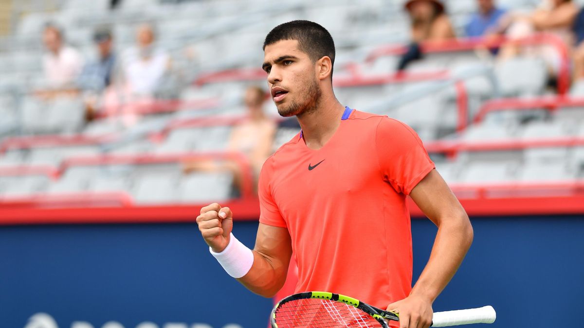 Carlos Alcaraz of Spain reacts after winning a point against Tommy Paul of the United States during Day 5 of the National Bank Open at Stade IGA on August 10, 2022 in Montreal, Canada.