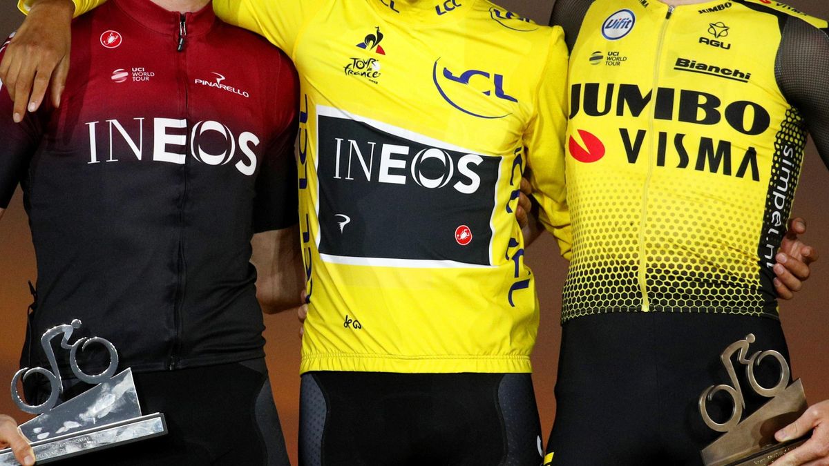 Egan Bernal, Geraint Thomas and Steven Kruijswijk on the final podium in Paris, 2019 Tour de France