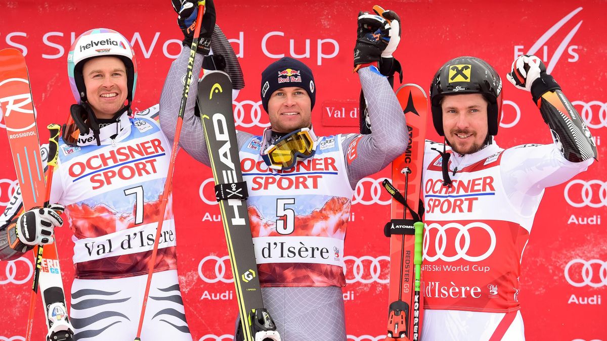 Stefan Luitz of Germany takes 2nd place, Alexis Pinturault of France takes 1st place, Marcel Hirscher of Austria takes 3rd place during the Audi FIS Alpine Ski World Cup Men's Giant Slalom on December 9, 2017 in Val-d'Isere