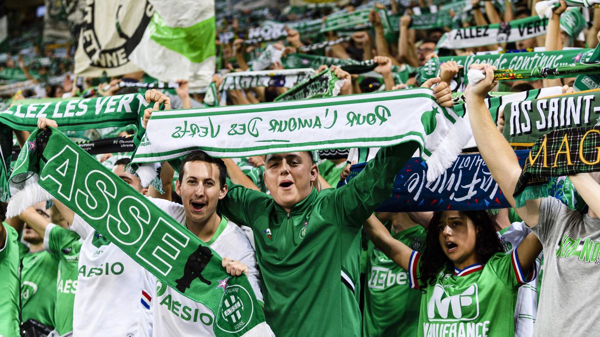 Saint Etienne supporters having fun during the Ligue 1 Uber Eats match between Saint Etienne and Lille at Stade Geoffroy-Guichard on August 21, 2021 in Saint-Etienne