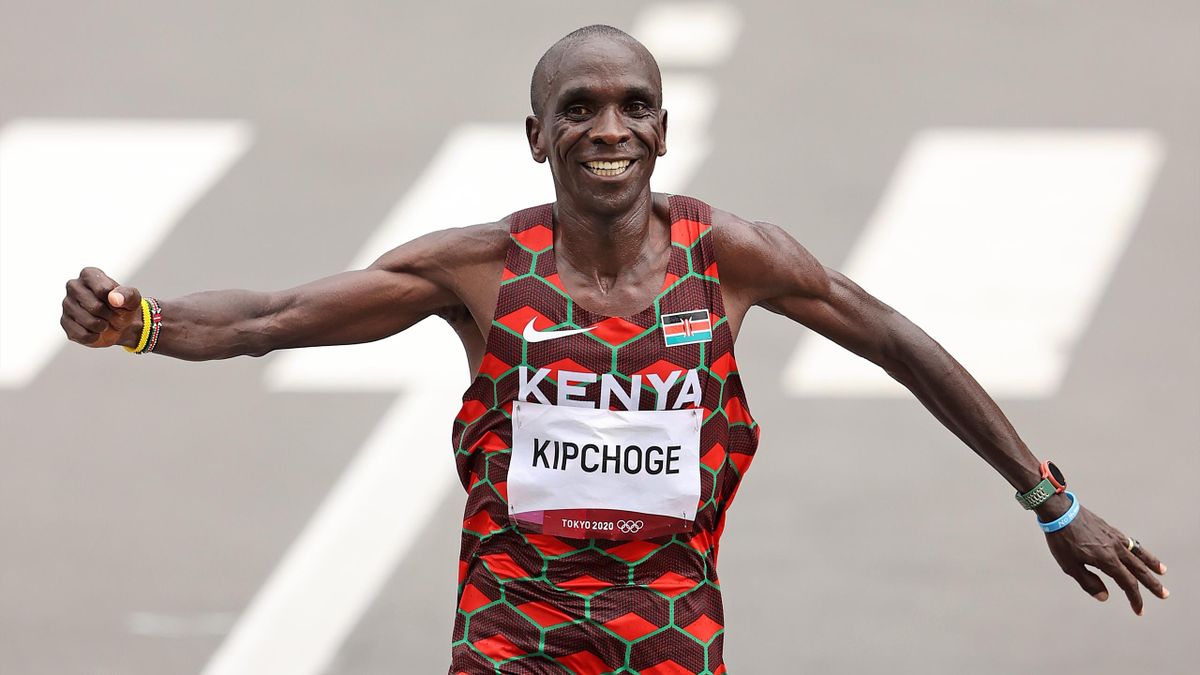 Eliud Kipchoge of Team Kenya reacts after crossing the finish line during the Men's Marathon Final on day sixteen of the Tokyo 2020 Olympic Games at Sapporo Odori Park on August 08, 2021 in Sapporo, Japan.
