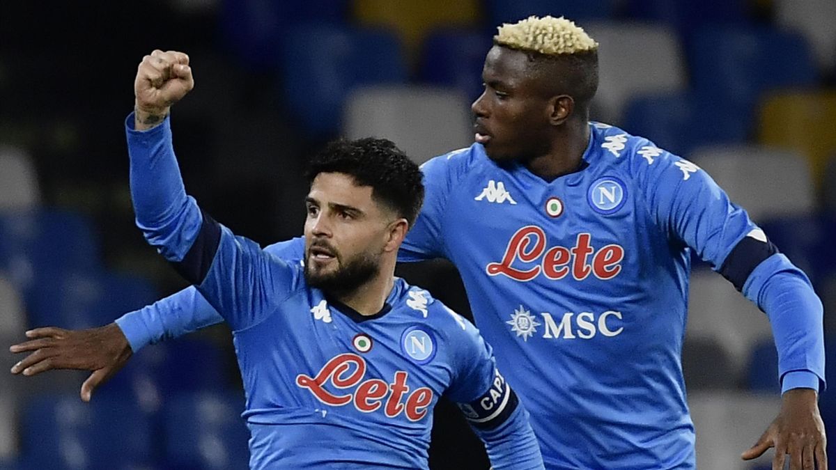 Napoli's Italian forward Lorenzo Insigne (L) celebrates with Napoli's Nigerian forward Victor Osimhen