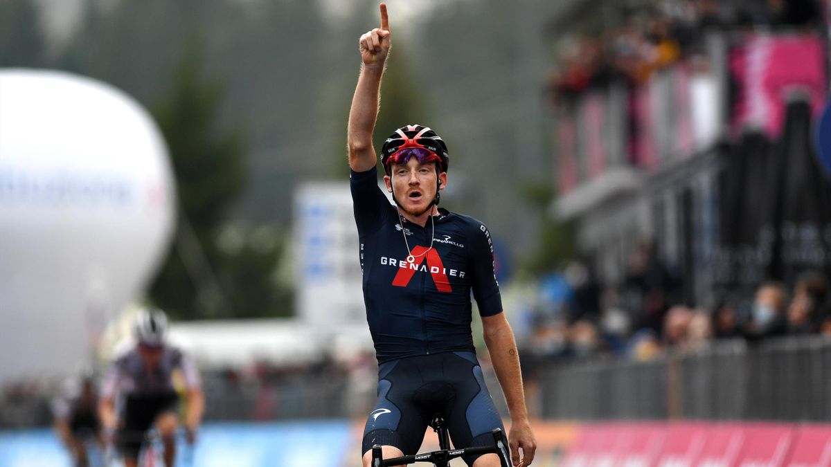 Tao Geoghegan Hart of The United Kingdom and Team INEOS Grenadiers / Celebration / during the 103rd Giro d'Italia 2020, Stage 15 a 185km stage from Base Aerea Rivolto - Frecce Tricolori to Piancavallo