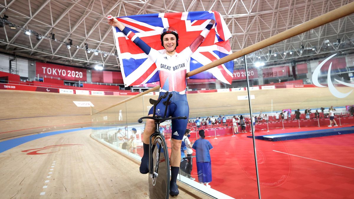 Sarah Dame Storey of Team Great Britain reacts after winning the gold medal in the track cycling Women's C5 3000m Individual Pursuit Final on day 1 of the Tokyo 2020 Paralympic Games at Izu Velodrome on August 25, 2021 in Izu, Japan.