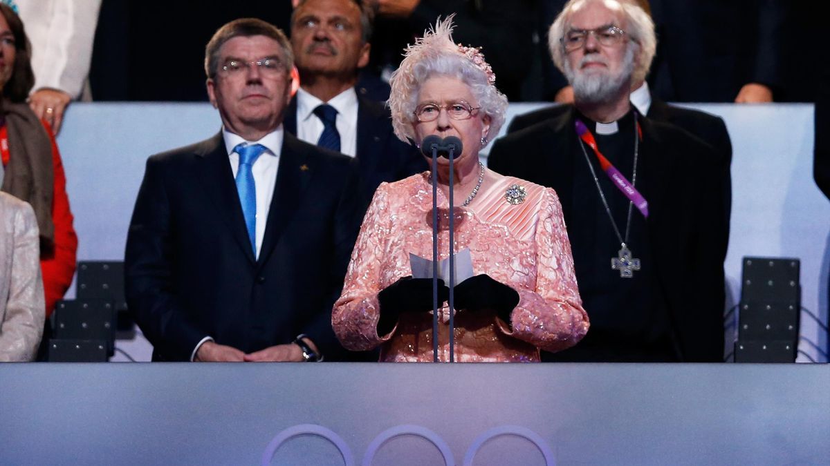 LONDON, ENGLAND - JULY 27: Queen Elizabeth II speaks during the Opening Ceremony of the London 2012 Olympic Games at the Olympic Stadium on July 27, 2012 in London, England. (Photo by Pool/Getty Images)