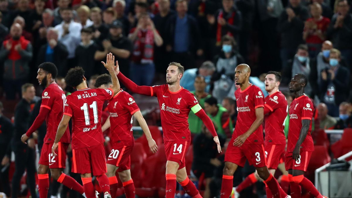 LIVERPOOL, ENGLAND - SEPTEMBER 15: Jordan Henderson of Liverpool celebrates scoring his teams third goal during the UEFA Champions League group B match between Liverpool FC and AC Milan at Anfield on September 15, 2021 in Liverpool, England