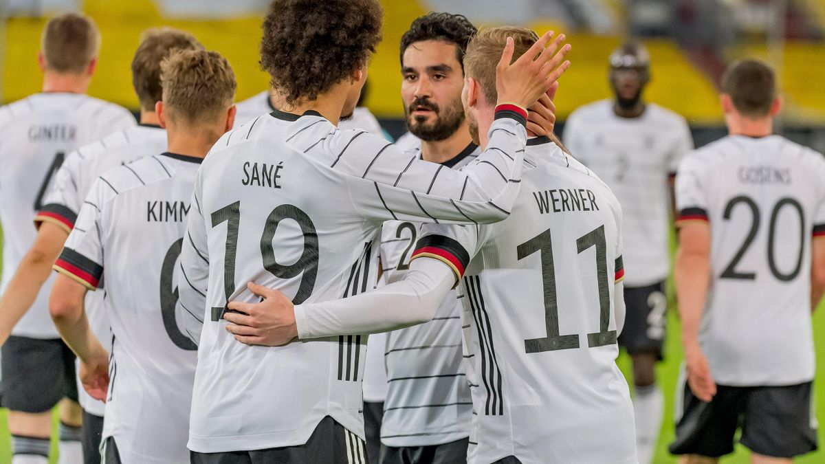 imo Werner of Germany celebrates after scoring his team's sixth goal with teammates during the international friendly match between Germany and Latvia at Merkur Spiel-Arena on June 7, 2021 in Duesseldorf, Germany.