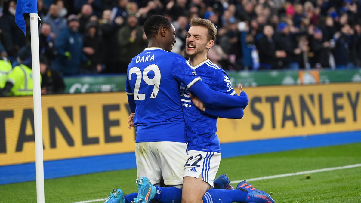 Patson Daka of Leicester City celebrates with teammate Kiernan Dewsbury-Hall after scoring their team's first goal during the Premier League match between Leicester City and Brighton & Hove Albion at The King Power Stadium on January 23, 2022