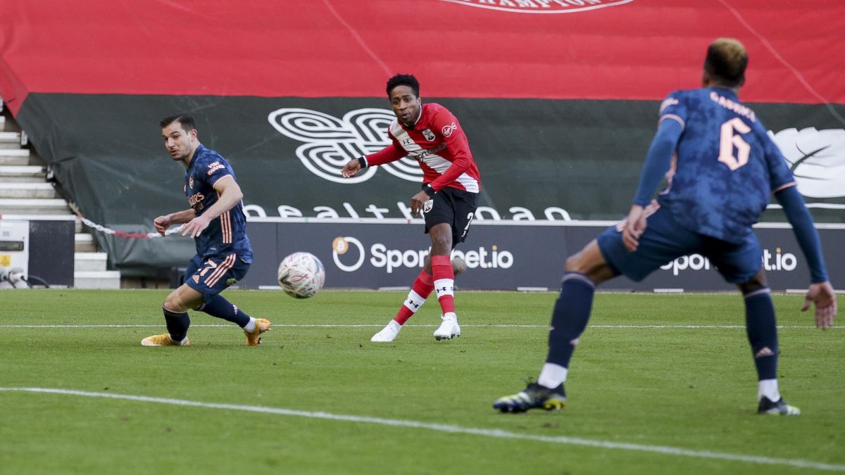 Gabriel of Arsenal deflects Kyle Walker-Peters of Southampton shot past his goalkeeper Bernd Leno to score an own goal to make it 1-0 during Southampton v Arsenal, The Emirates FA Cup Fourth Round, on January 23, 2021 in Southampton, England.