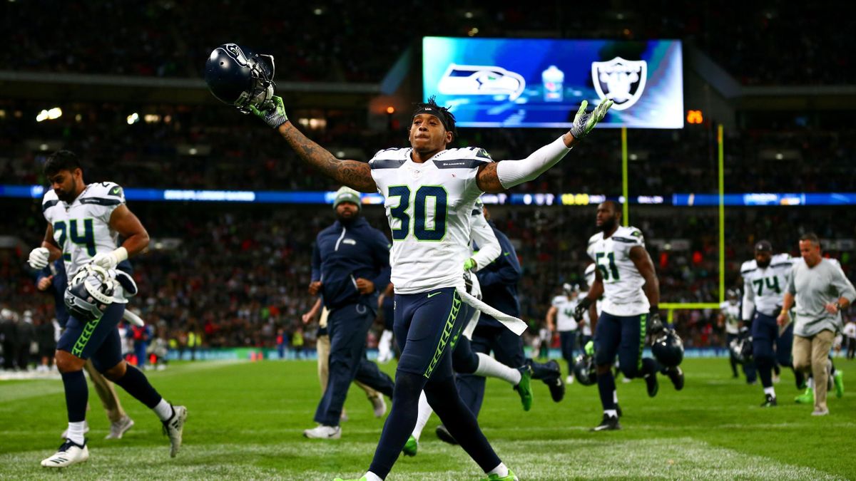 Bradley McDougald #30 of the Seattle Seahawks reacts in front of the fans at half-time during the NFL International Series game between Seattle Seahawks and Oakland Raiders at Wembley Stadium