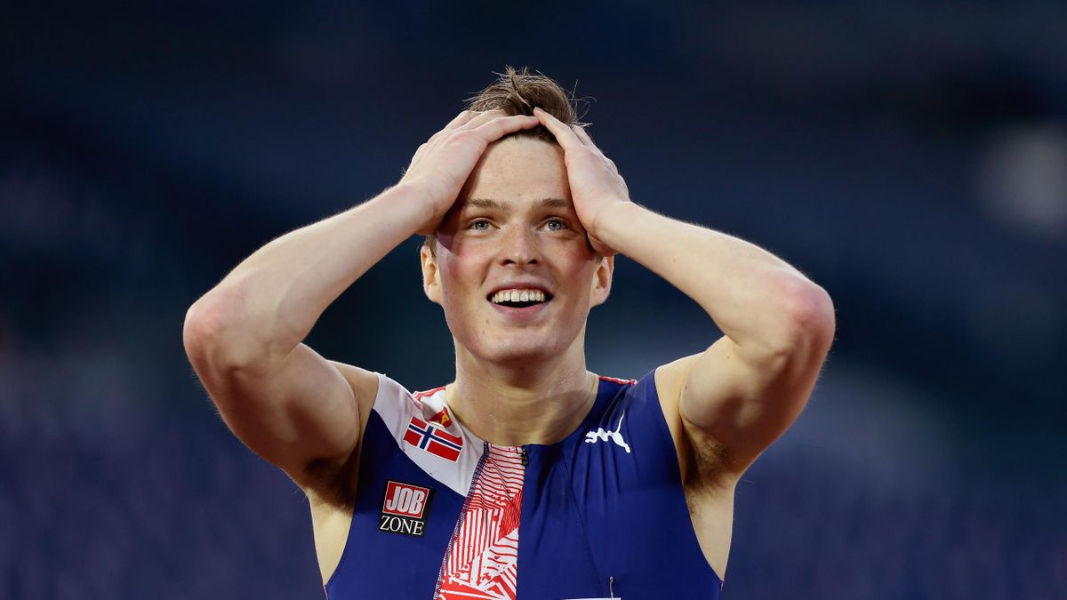 Karsten Warholm of Norway reacts after winning the 400m hurdles men during the IAAF Diamond League 40th golden gala 'Pietro Mennea' at Olimpico Stadium on September 17, 2020 in Rome