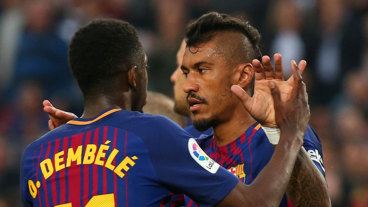 May 9, 2018 Barcelona's Paulinho celebrates with Ousmane Dembele after scoring their second goal