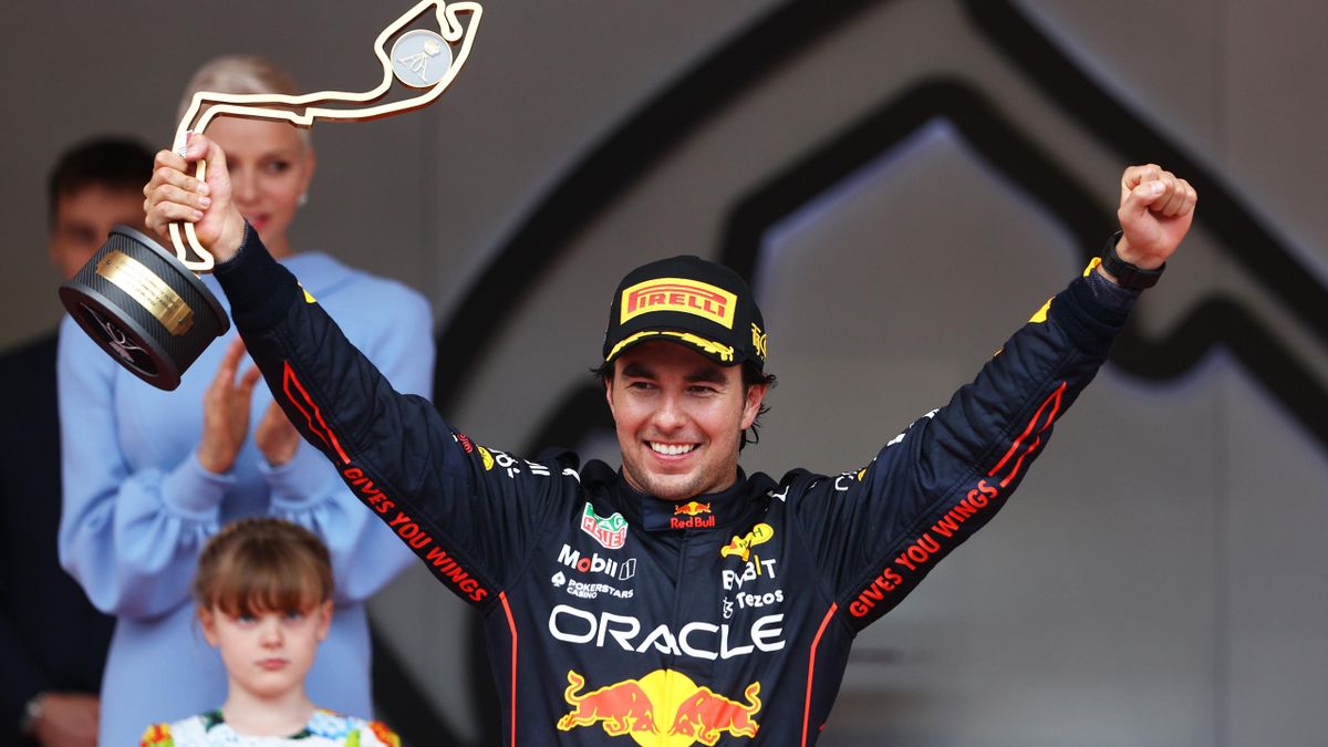 MONTE-CARLO, MONACO - MAY 29: Race winner Sergio Perez of Mexico and Oracle Red Bull Racing celebrates on the podium during the F1 Grand Prix of Monaco at Circuit de Monaco on May 29, 2022 in Monte-Carlo, Monaco. (Photo by Clive Rose/Getty Images)