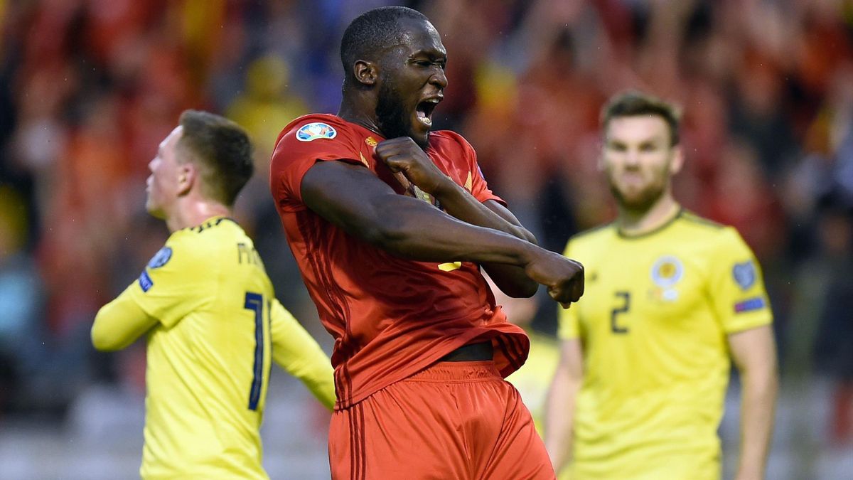 Belgium's forward Romelu Lukaku (C) celebrates after scoring a goal during the UEFA Euro 2020 qualification football match between Belgium and Scotland at the King Baudouin Stadium in Brussels on June 11, 2019