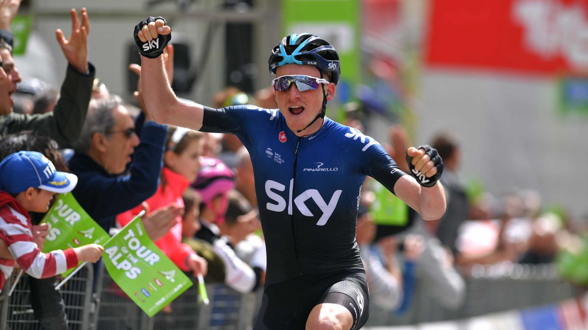 Tao Hart Geoghegan of United Kingdom and Team Sky / Celebration / during the 43rd Tour of the Alps 2019, Stage 4 a 134km stage to Baselga di Piné to Viale De Gasperi