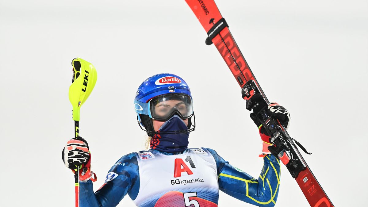 US' Mikaela Shiffrin celebrates after her 2nd Round of the FIS Alpine Ski Women's Slalom World Cup event on January 12, 2021, in Flachau (Salzburg) Austria