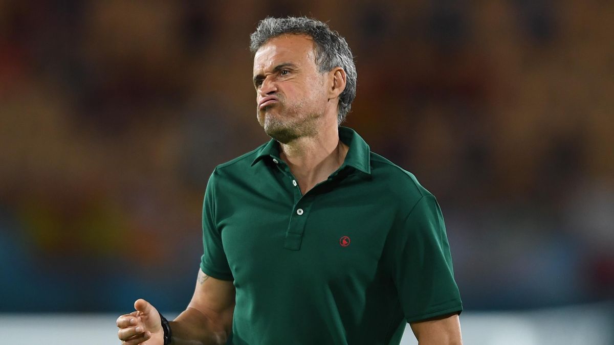 SEVILLE SPAIN - JUNE 19 Luis Enrique Head Coach of Spain reacts during the UEFA Euro 2020 Championship Group E match between Spain and Poland at Estadio La Cartuja on June 19 2021 in Seville Spain
