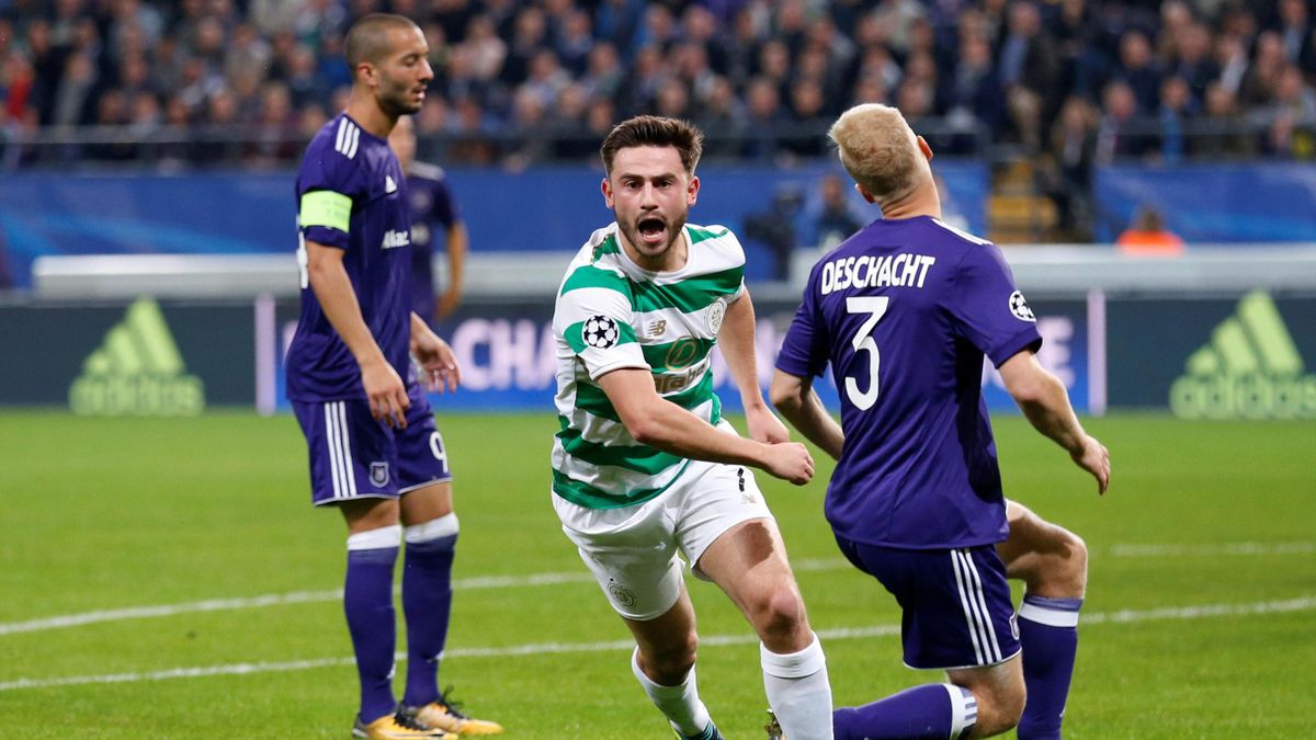 Celtic’s Patrick Roberts celebrates scoring their second goal against Anderlecht
