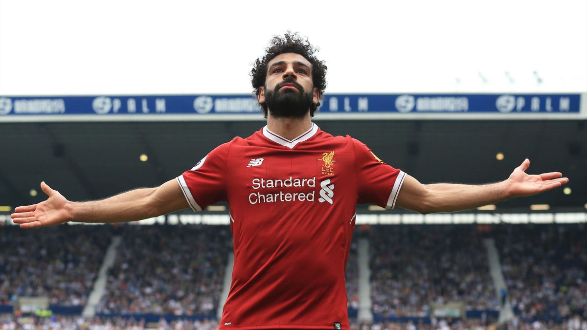 Liverpool's Egyptian midfielder Mohamed Salah celebrates scoring their second goal during the English Premier League football match between West Bromwich Albion and Liverpool at The Hawthorns