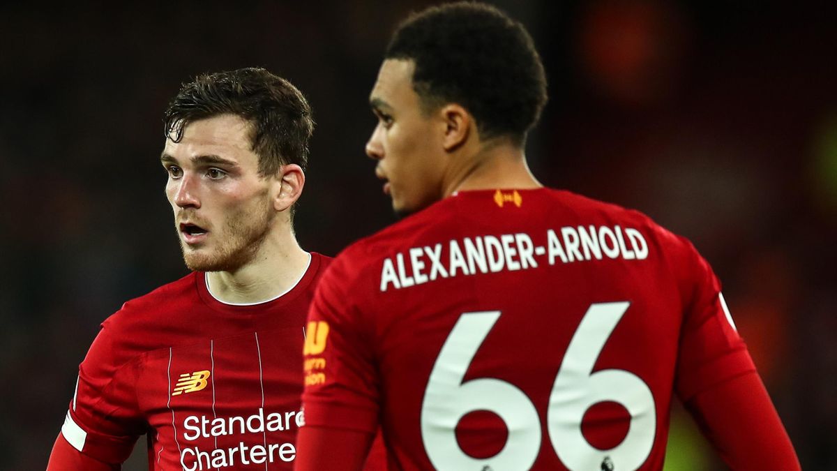 Andy Robertson of Liverpool and Trent Alexander-Arnold of Liverpool during the Premier League match between Liverpool FC and Sheffield United at Anfield on January 2, 2020 in Liverpool, United Kingdom