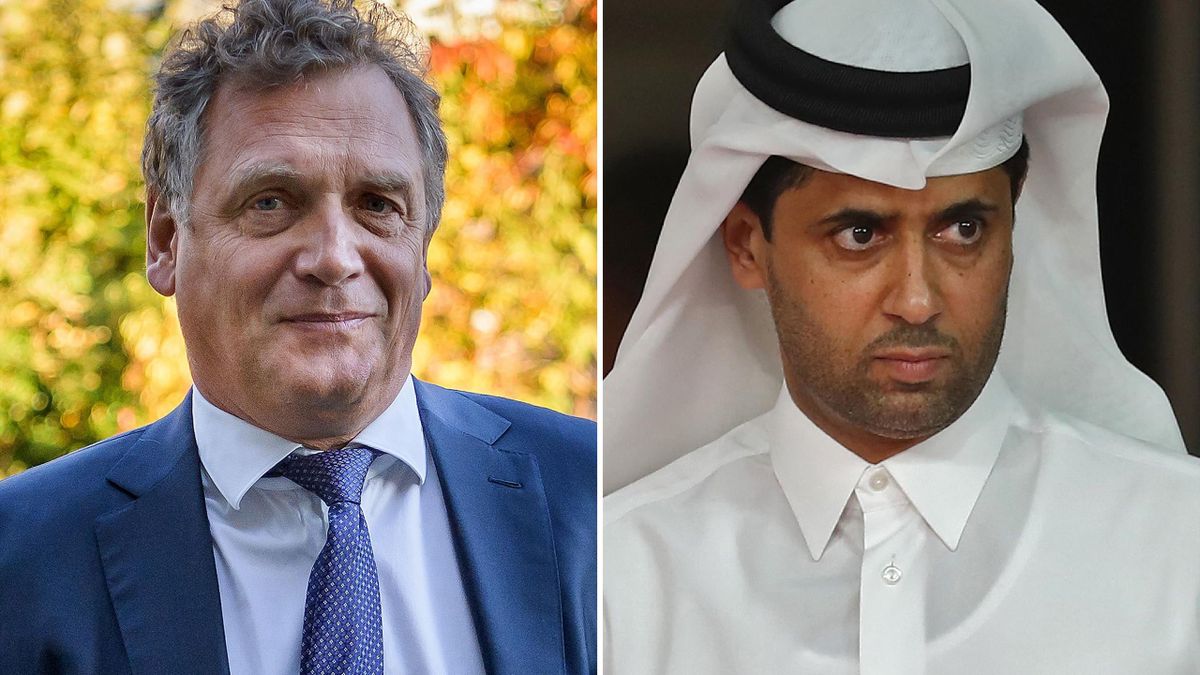 French former FIFA Secretary General Jerome Valcke (L) and Paris Saint-Germain's Qatari president Nasser Al-Khelaifi