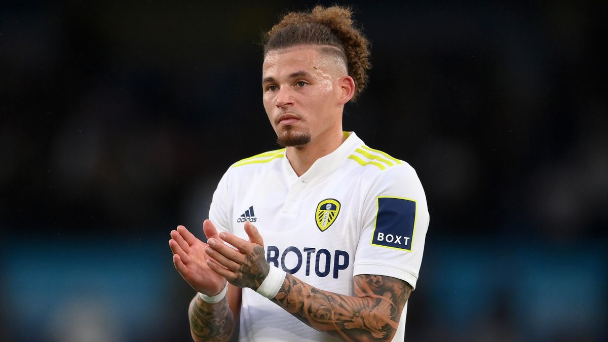 Kalvin Phillips of Leeds United looks on during the Premier League match between Leeds United and Liverpool at Elland Road on September 12, 202