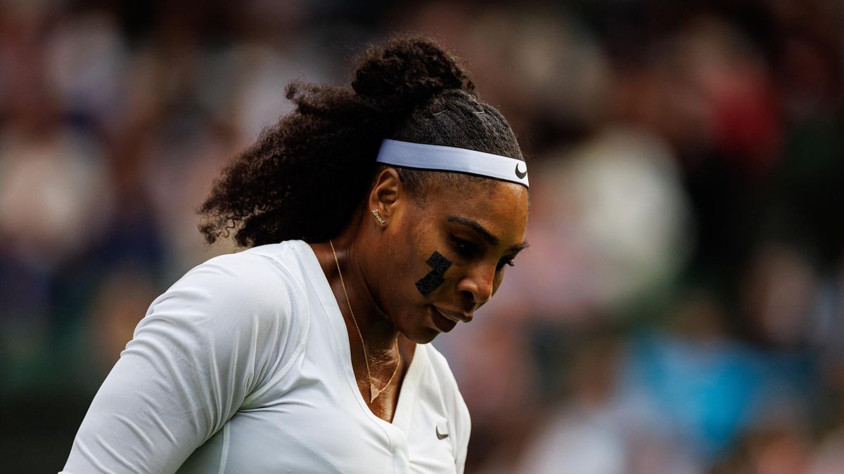 Serena Williams of the United States looks dejected during her match against against Harmony Tan of France in the first round of the women's singles during day two of The Championships Wimbledon 2022 at All England Lawn Tennis and Croquet Club on June 28
