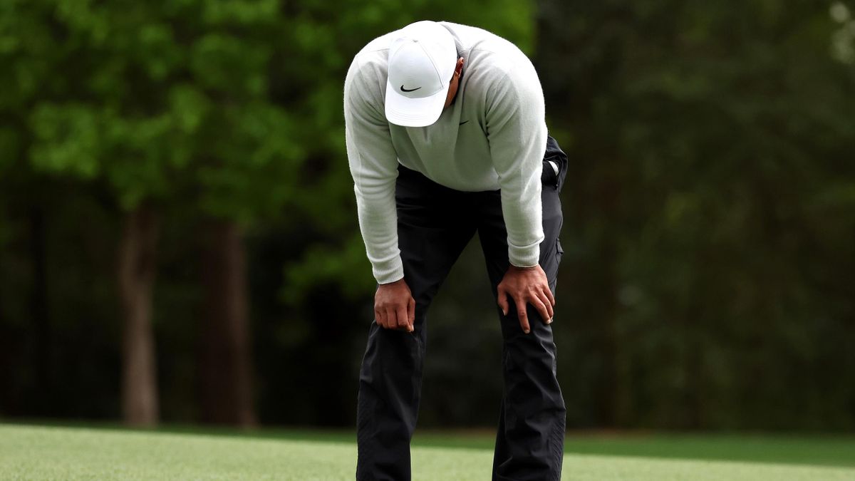 Tiger Woods reacts to his shot on the 11th hole during the third round of the Masters at Augusta National Golf Club on April 09, 2022 in Augusta, Georgia