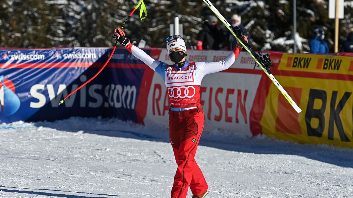 Lara Gut-Behrami celebrates after the Women's Super G event at the FIS Alpine Ski World Cup in Crans-Montana, Switzerland, January 24, 2021